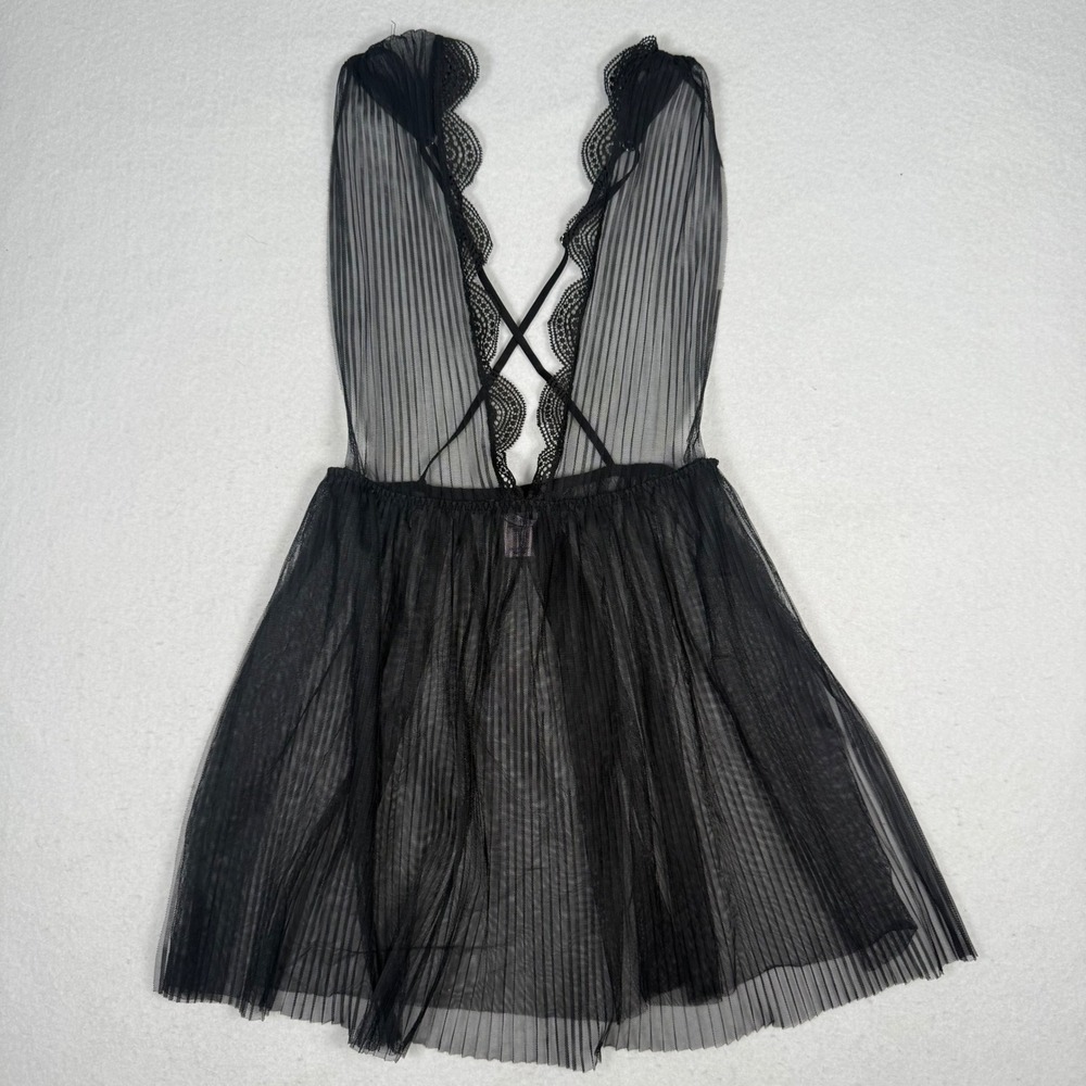 Victorias Secret Black Sheer Pleated Mesh Lace Trim Babydoll Lingerie XS
